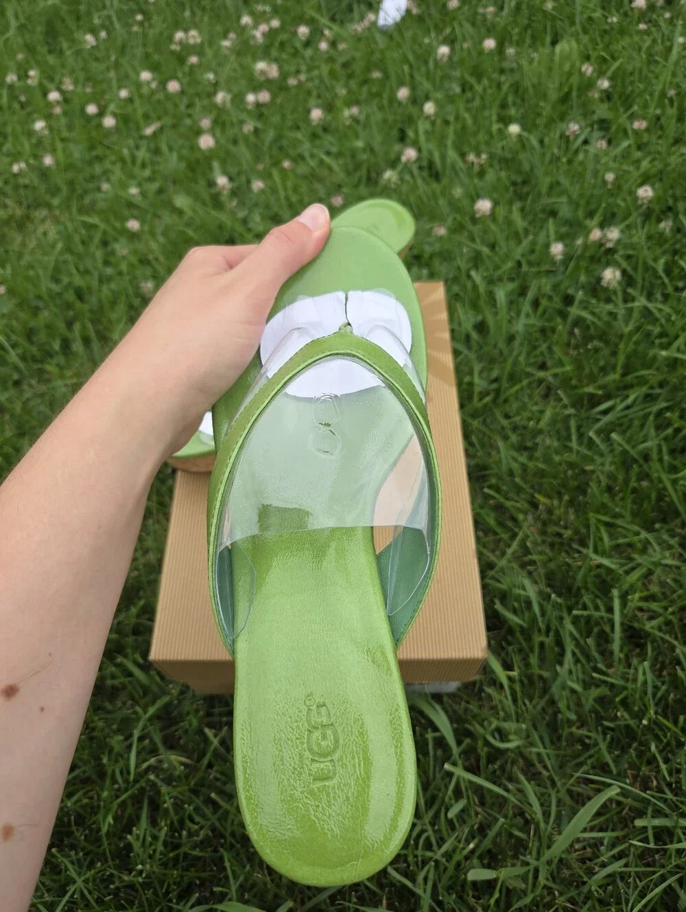 UGG Natassia Green Leather Cork Wedge Platform Thong Sandals NIB Size 8